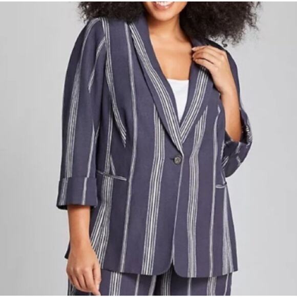 Lane Bryant Linen Blue Blazer Jacket Striped Women Size 22 New - Picture 2 of 10